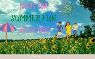 FIELD OF SUNFLOWERS WITH KIDS RUNNING THROUGH AND TEXT SUMMER FUN WITH KIDS