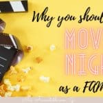 MOVIE NIGHT AS A FAMILY TEXT WITH POPCORN, FILM, AND MOVIE BOARD