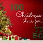 CHRISTMAS TREE WITH STACK OF PRESENTS AND WORDS CHRISTMAS GIFT IDEAS FOR TEEN BOYS