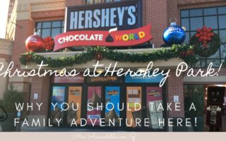 A PICTURE OF HERSHEY'S CHOCOLATE WORLD EXTERIOR WITH TEXT ON WHY YOU SHOULD TRAVEL HERE