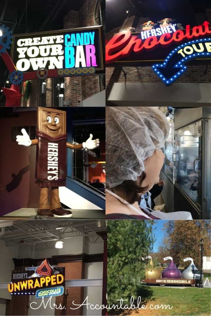 A PICTURE OF VARIOUS ACTIVITIES THAT ARE AVAILABLE AT CHOCOLATE WORLD SUCH AS A TROLLEY RIDE AND MAKE YOUR OWN CANDY BAR.
