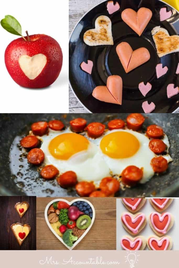 IMAGE OF HEART SHAPED FOOD SUCH AS COOKIES, EGGS, SAUSAGE, AND VEGETABLES